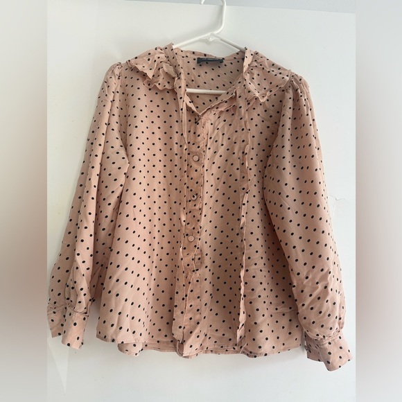 The Kooples Polka Dot Neck Tie Ruffled Detail Silk Blend Button Down Size 2 - Picture 1 of 4